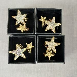 wholesale lot Set of 4 Rhinestone Double Star Rings adjustable OSFA gold costume